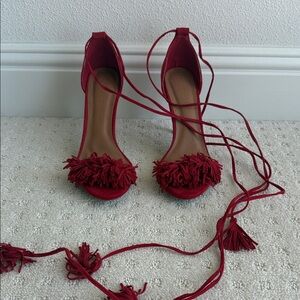 Red Lace-Up Fringe Open-Toe Heels